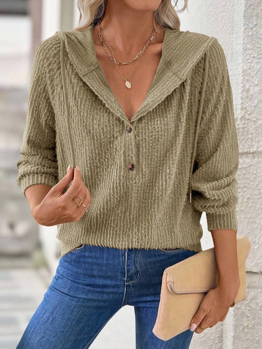 EMERY ROSE 女士纽扣连帽休闲长袖套头衫运动衫秋冬女装 - 綠色 - 查看 1