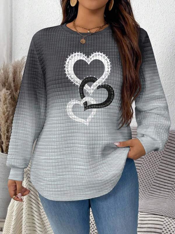 EMERY ROSE Moletom com capuz casual minimalista e estampa de coração com textura ombré, tamanho grande, adequado para outono/inverno