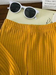 SHEIN 2pcs/Set Young Girl' Casual Contrast Color Patchwork Top And Pants With Slit Hem, Suitable For Spring, Autumn, Winter - Yellow - View 3