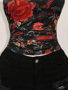 SHEIN ICON Áo hở lưng in hoa gợi cảm cổ yếm phong cách miền Tây Boho Y2K mùa hè dành cho nữ, mùa hè - màu đen - Xem 4