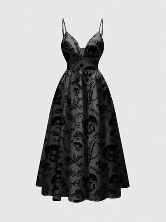 Robe gothique spaghetti à col bénitier avec imprimé floral romantique de roses et de crânes noirs et gris, style boho sexy pour femmes