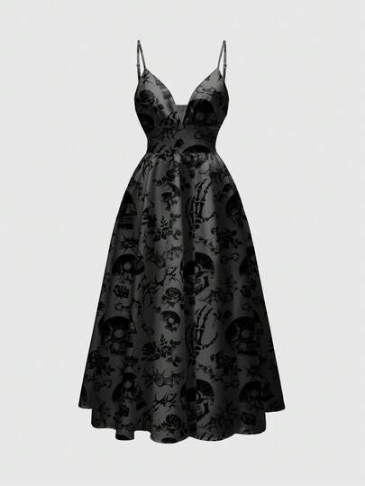 Goth Gothic Dark Thorn Black & Gray Skull Rose Floral All-Over Print Romantic Boho Sexy Spaghetti Strap Low-Cut Dress For Women