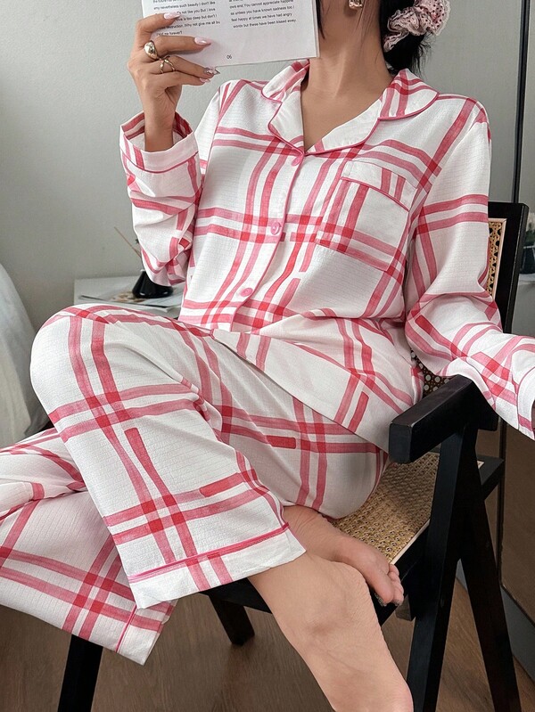 طقم بيجامة نسائي جديد من السروال والبلوزة طويلة الأكمام بطبعة المربعات، للخريف والشتاء