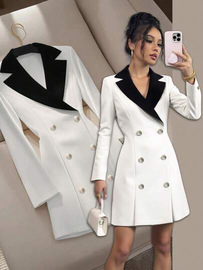 SHEIN Franclia Vestido de manga larga con estilo de blazer, de moda casual, con parches y contraste de colores para mujer