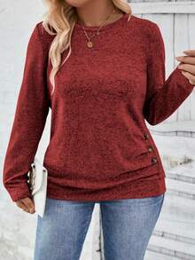 EMERY ROSE Plus Size Casual Round Neck Long Sleeve T-Shirt, Autumn/Winter - Red - View 1