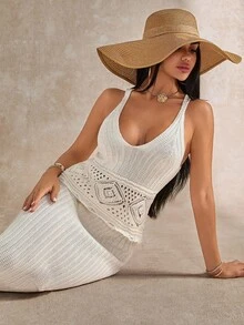 EURMUSE Conjunto de 2 peças de blusa de malha com detalhes vazados e saia de suéter de cor sólida para mulheres - Creme - Ver 6