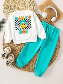 Playful Pals 2 件套年轻男童夏季休闲可爱格纹“MAMA'S BOY”字母印花短袖圆领运动衫和运动裤，秋冬新款，运动服，幼儿男童冬装 - 彩色 - 查看 2