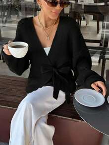 EURMUSE Women's Lace-Up Casual Cardigan, Plus Size - Black - View 4