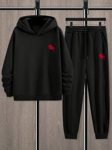 Manfinity Homme 男士两件套保暖休闲马印花卫衣和运动裤套装，秋冬男装衬衫，送给男朋友的礼物，秋季男装，秋季穿搭，舒适秋冬款式 - 黑色 - 查看 3