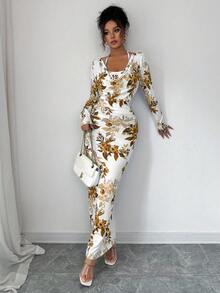 Elenzga 新款蓝白花卉印花性感优雅垂坠领荷叶边系腰紧身迷你连衣裙，秋冬汗衫连衣裙 - 棕色 - 查看 5