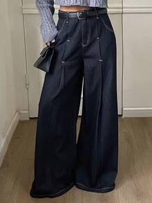 Livesso 女士宽松商务休闲复古水洗设计褶缝撞色拼色阔腿牛仔裤，适合秋季、冬季和春季 - 深色水洗藍 - 查看 1