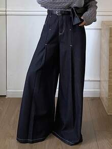 Livesso 女士宽松商务休闲复古水洗设计褶缝撞色拼色阔腿牛仔裤，适合秋季、冬季和春季 - 深色水洗藍 - 查看 9