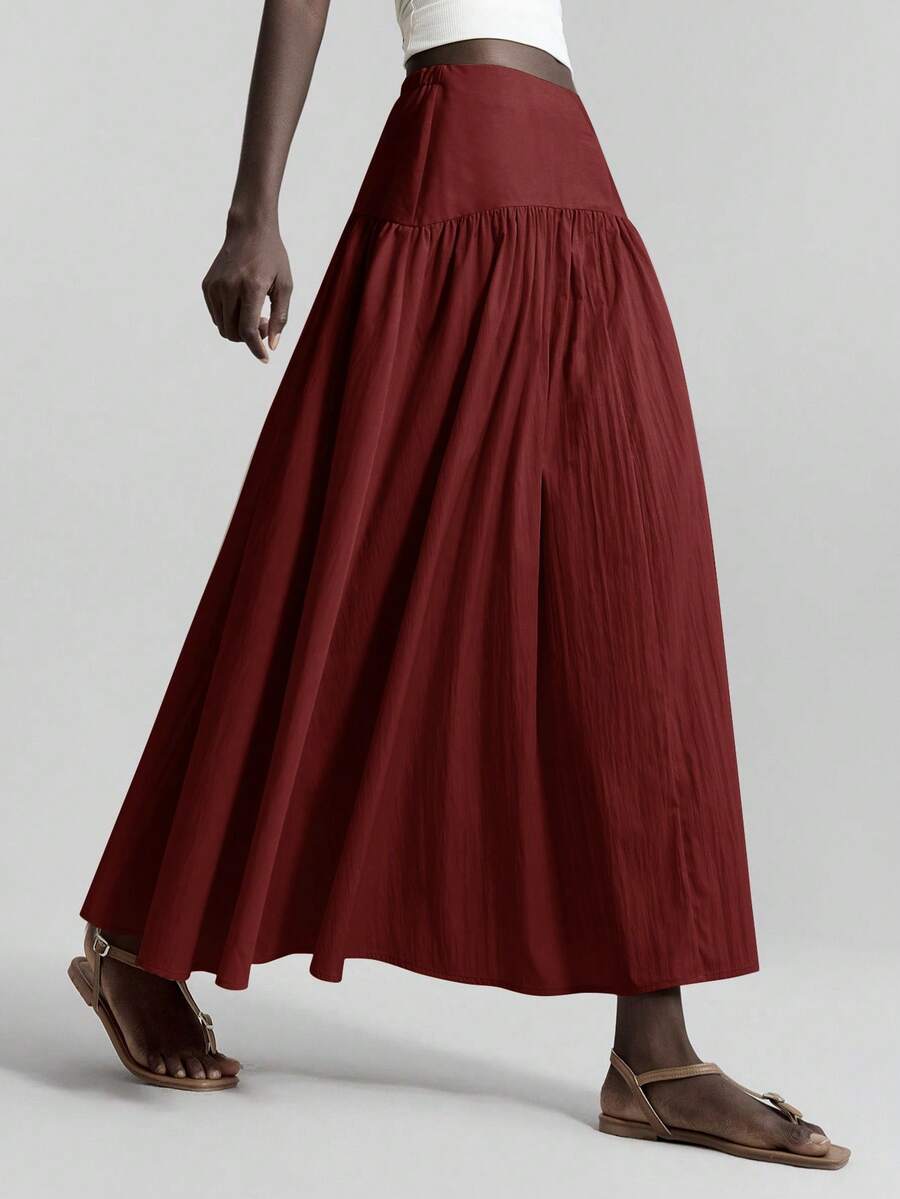 Ontre 2026春夏新款高腰及踝女式半身裙，褶裥设计，现代优雅浪漫休闲风，适合办公室、婚礼宾客、海滩、音乐会、派对等场合。 - 酒紅色 - 查看 1