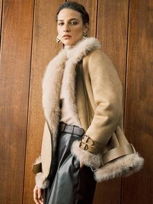 Arave 棕色超大领复古高端仿皮毛绒绒夹克