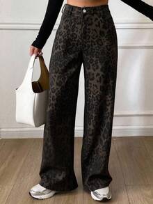 Livesso Jeans casuales de talle alto con estampado de leopardo para mujer, otoño - Marrón - Ver 5