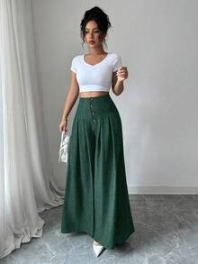 Elenzga Quần ống rộng xếp ly đơn giản màu trơn cao cấp thời trang nữ - Màu xanh lá cây đậm - Xem 5