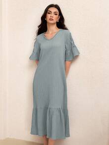 Lacomfia 2025年夏季新款女士V领褶皱A字连衣裙 - 淺灰色 - 查看 7