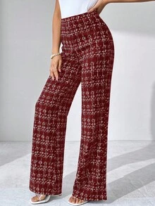 SHEIN Tall CURVE Quần dệt kim co giãn họa tiết kẻ caro thanh lịch dành cho nữ cỡ lớn mùa hè, phù hợp cho nhiều dịp khác nhau, thích hợp cho kỳ nghỉ hè, du lịch thanh lịch và đi làm hàng ngày - Màu Đỏ Sâu - Xem 4