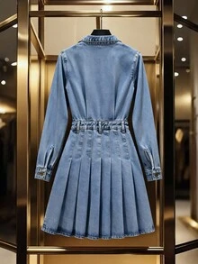 GlowEve 女式翻领单排扣褶边休闲长袖牛仔连衣裙 - 中等水洗藍 - 查看 2