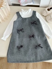 Genkimix Kids 两件套：女童可爱白色针织T恤搭配天鹅绒蝴蝶结灰色A字连衣裙，韩版秋冬装 - 彩色 - 查看 2