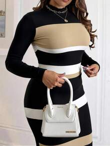 Xyvia Women's Color Block Minimalist Daily Wear Sweater Dress Fall Winter Cloth For Women - Black and White - View 3