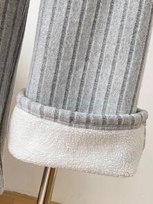 Girls' Casual Solid Color Knitted Brushed Ribbed Composite Fleece Thickened Waist Fixed 3D Bowknot Belt Soft & Comfortable Pants Set, Autumn/Winter Fall