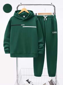 SHEIN 2 件套休闲百搭舒适条纹字母印花针织连帽衫和运动裤套装，派对礼物，返校服装，秋冬，羊毛，加厚