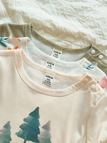Vintaside Kids 3pcs/Set Baby Boy Cartoon & Minimalist Floral Print Comfortable & Stylish Long Sleeve Tops, Versatile For Casual Everyday Wear, Autumn - Multicolor - View 3