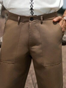 Manfinity Nomadique Men Solid Color Pocket Straight Loose Casual Pants, Fall - Army Green - View 7