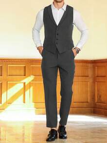 Manfinity Mode Men's Single-Breasted Casual Sleeveless Waistcoat And Suit Pants Business Formal Set - Dark Grey - View 4