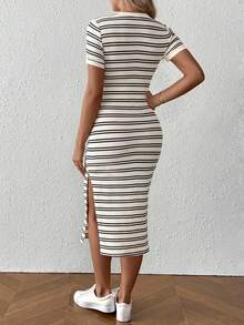 SHEIN Pregnancy Casual Color Block Stripe Side Slit Fitted Midi Dress Maternity Dress - Khaki - View 2