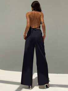 Aloruh Deep V-Neck Backless Camisole And Wide Leg Pants Set, Slim & Tall, Office/Commute Wear, Spring/Summer - Navy Blue - View 2