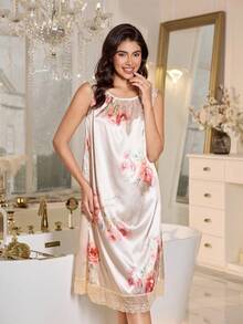 SHEIN 蕾丝边仿丝圆领女式睡袍 - 彩色 - 查看 4