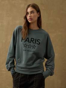 Nöista Dusty Blue Paris-Print Sweatshirt For Women,Relaxed Fit Dropped Shoulders Ribbed Cuffs,Autumn Streetwear Casual School Back-To-School Cozy Winter Top - Dark Grey - View 4