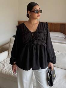 Dripcurv Plus-Size Women's Black V-Neck Casual Lantern Sleeve Top, Loose-Fitting Everyday Vacation Style, Suitable For New Year's And Valentine's Day. - Black - View 8