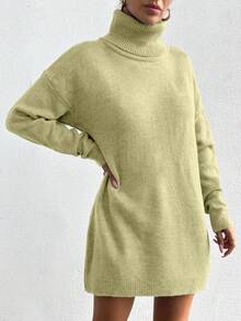 EURMUSE 女式纯色高领落肩长袖休闲宽松针织毛衣连衣裙 - 鵝黃色 - 查看 6