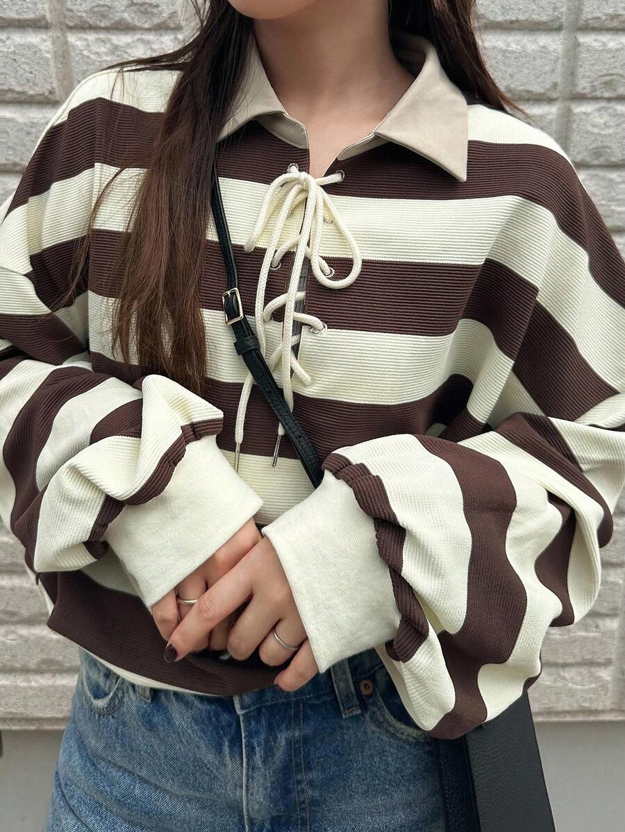 FRIFUL 女式 Polo 领宽松条纹超大落肩长袖休闲运动衫 - 棕色 - 查看 1