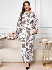 Modelyn 加大码花卉印花优雅弹力长袖连衣裙 - 白色 - 查看 2