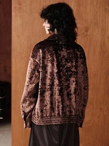 Zovinel 女士纯色天鹅绒夹克，时尚街头风格翻领天鹅绒夹克，冬季 - 棕色 - 查看 2