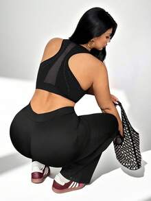 SHEIN Essnce Athleisure 大码女式黑色无袖冬季运动文胸，拉链文胸，冬季女式运动服 - 黑色 - 查看 2