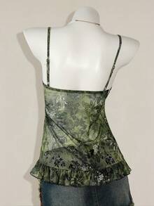 SHEIN ICON 女士夏季外出夏威夷波西米亚风佩斯利印花西部红色飘逸荷叶边细肩带花卉印花吊带娃娃装背心，时尚性感，适合夏季 - 綠色 - 查看 2