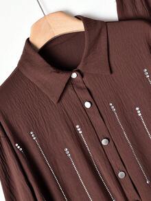 Rusticease 女式休闲通勤水钻装饰衬衫和裤子两件套 - 棕色 - 查看 4