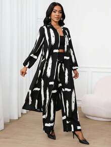 SHEIN Lady Conjunto de 2 piezas de camisa de manga obispo con bolsillo y pantalón, elegante y casual para primavera, verano, otoño e invierno, apto para vacaciones, iglesia, oficina y uso diario - Blanco y Negro - Ver 7