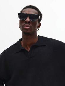 SUMWON 复古翻领 Polo 针织衫 长袖 休闲秋冬套头衫 经典复古风格 法式毛圈布罗纹袖口 常规版型 纯色 - 黑色 - 查看 5