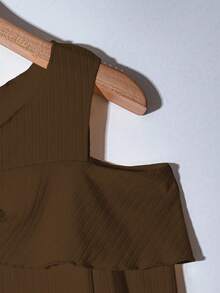 GlowEve 女式纯色单排扣露肩长袖罗纹T恤 - 棕色 - 查看 3