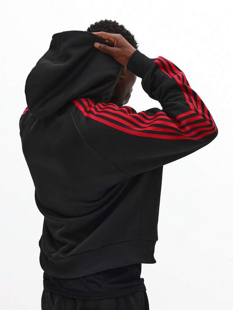 Full Zip Hoodie With Striped Sleeves And Brand Embroidery