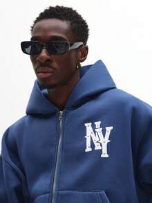 Áo Hoodie Khóa Kéo Thường Ngày SUMWON với Logo NY Màu Trắng, Chất Liệu Vải Dệt Họa Tiết, Phong Cách Đường Phố, Cơ Bản Hàng Ngày, Khóa Kéo Phía Trước, Thoải Mái, Dáng Rộng, Trơn - Xanh đậm - Xem 3