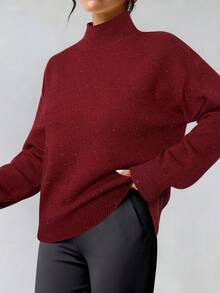 Firerie Sweater Lengan Panjang Kerah Tinggi Minimalis Warna Polos untuk Wanita, Cocok untuk Pakaian Sehari-hari di Musim Gugur/Dingin - Burgundy - View 4
