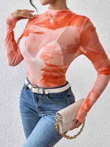 SHEIN Unity 女式扎染印花立领长袖修身时尚衬衫 - 橘色 - 查看 5