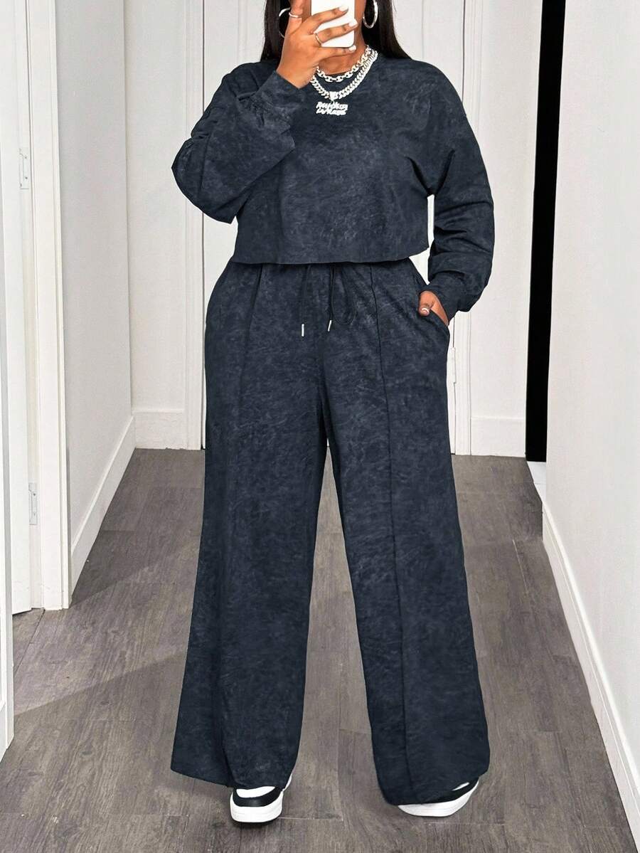 Slaydiva 2pcs Women Plus Streetwear Plus Size Snowflake Print Sweatsuit - Grey - View 1